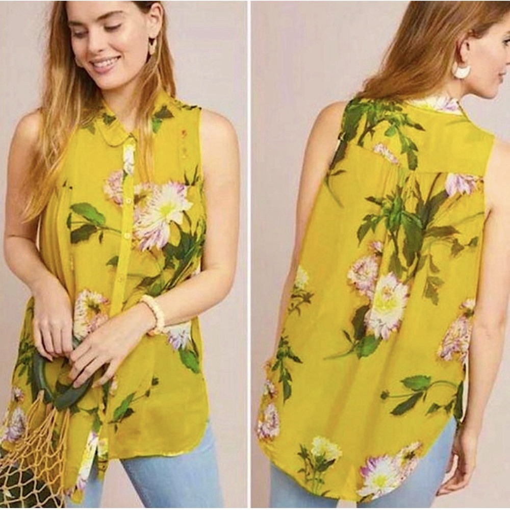 Anthropologie Maeve Duchess Yellow Floral Sleeveless Blouse sz 6
